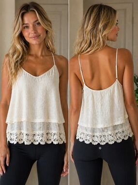 (A4) a.n.a Cream Layered Lace-Hem Spaghetti Strap Cami PL
